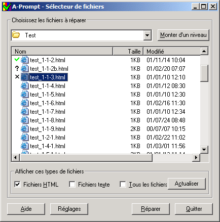 Capture d'cran du dialogue 'Slecteur de fichiers' montrant le statut des documents.