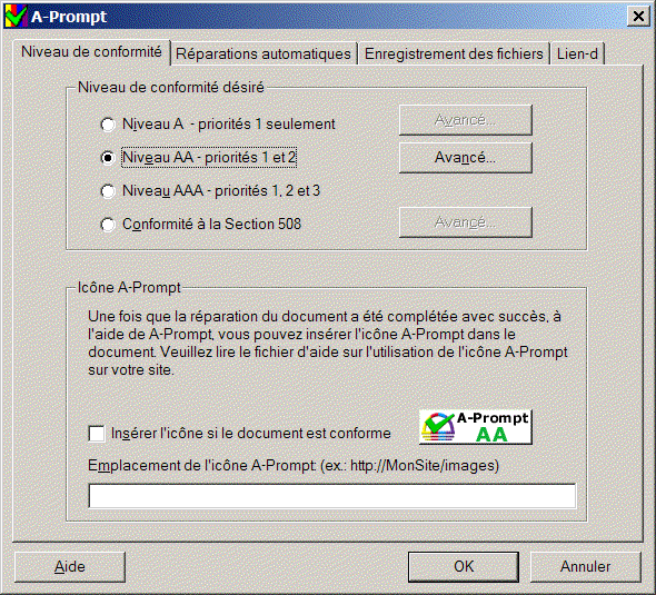 Capture d'cran du dialogue 'Rglages du niveau de conformit'