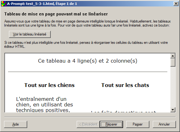 Capture d'cran du dialogue 'Tableau de mise en page pouvant mal se linariser'