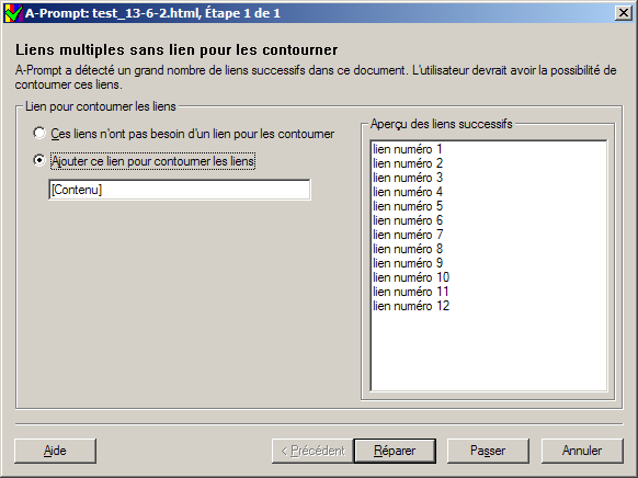 Capture d'cran du dialogue 'Liens multiples sans lien pour les passer'