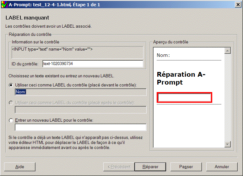 Capture d'cran du dialogue 'Label manquant'