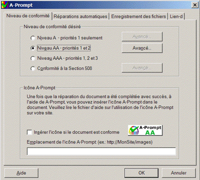 Capture d'cran du dialogue 'Rglages du niveau de conformit'