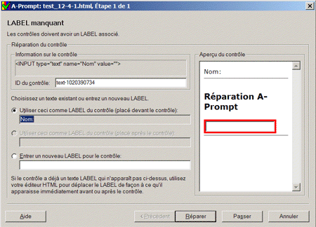 Capture d'cran du dialogue 'Label manquant'