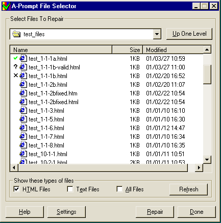 screen shot of 'File Selector' dialog showing status of files
