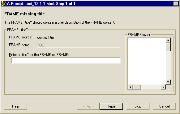 screen shot of 'Frame must have a title' repair dialog box