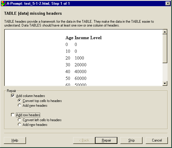 screen shot of 'Table (data) missing headers' repair dialog box