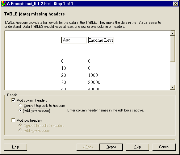 screen shot of text entry fields for adding column headers