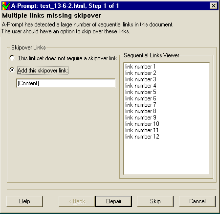Screen shot of Multiple links missing skipover dialog box