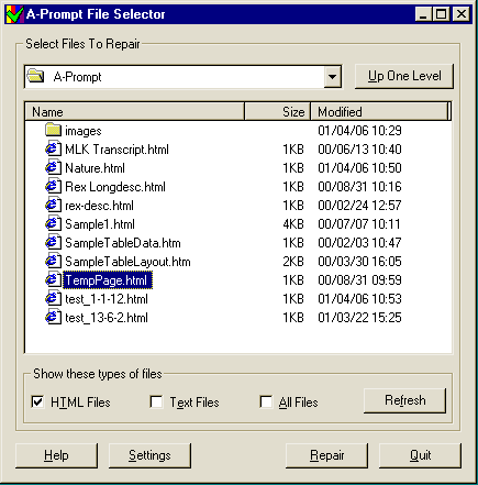 Screen shot of File Selection