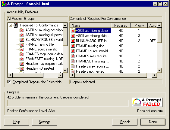 screen shot of main repair dialog box
